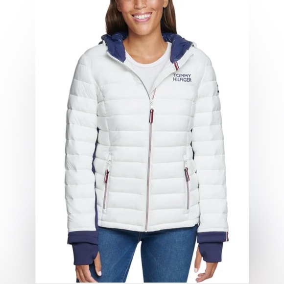 Tommy Hilfiger Women's White and Navy Puffer Jacket - Picture 1 of 13